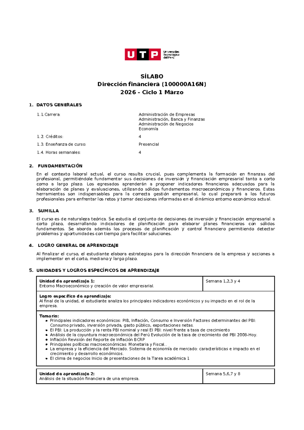 SÍLABO Dirección Financiera 2026 - Ciclo 1: Contenidos y Metodología - Document Preview