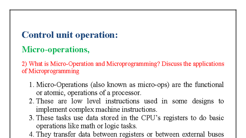 Microprogramming And Control Unit Operations Applications And