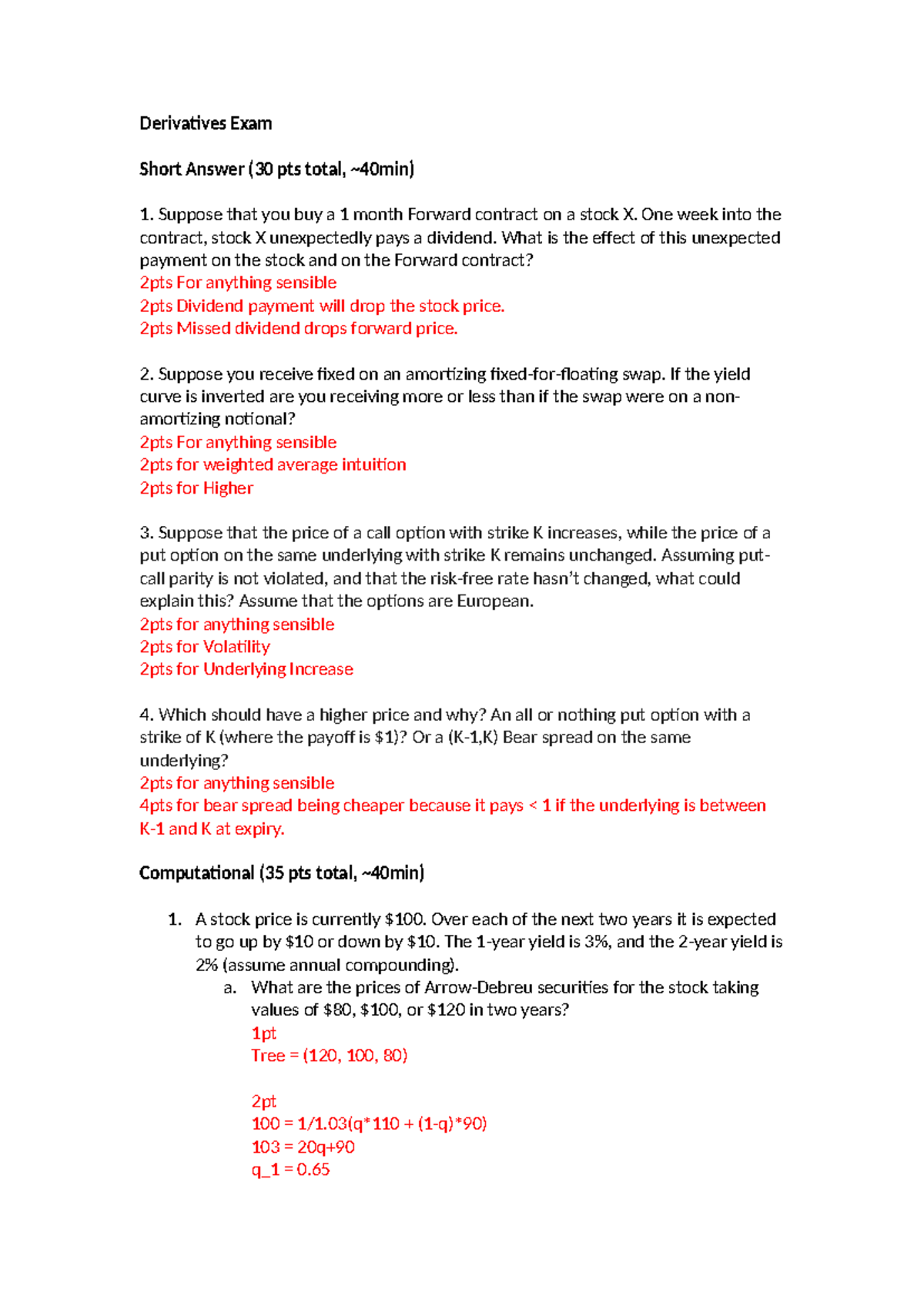 2023 Exam - Exam - Derivatives Exam Short Answer (30 pts total, ~40min ...