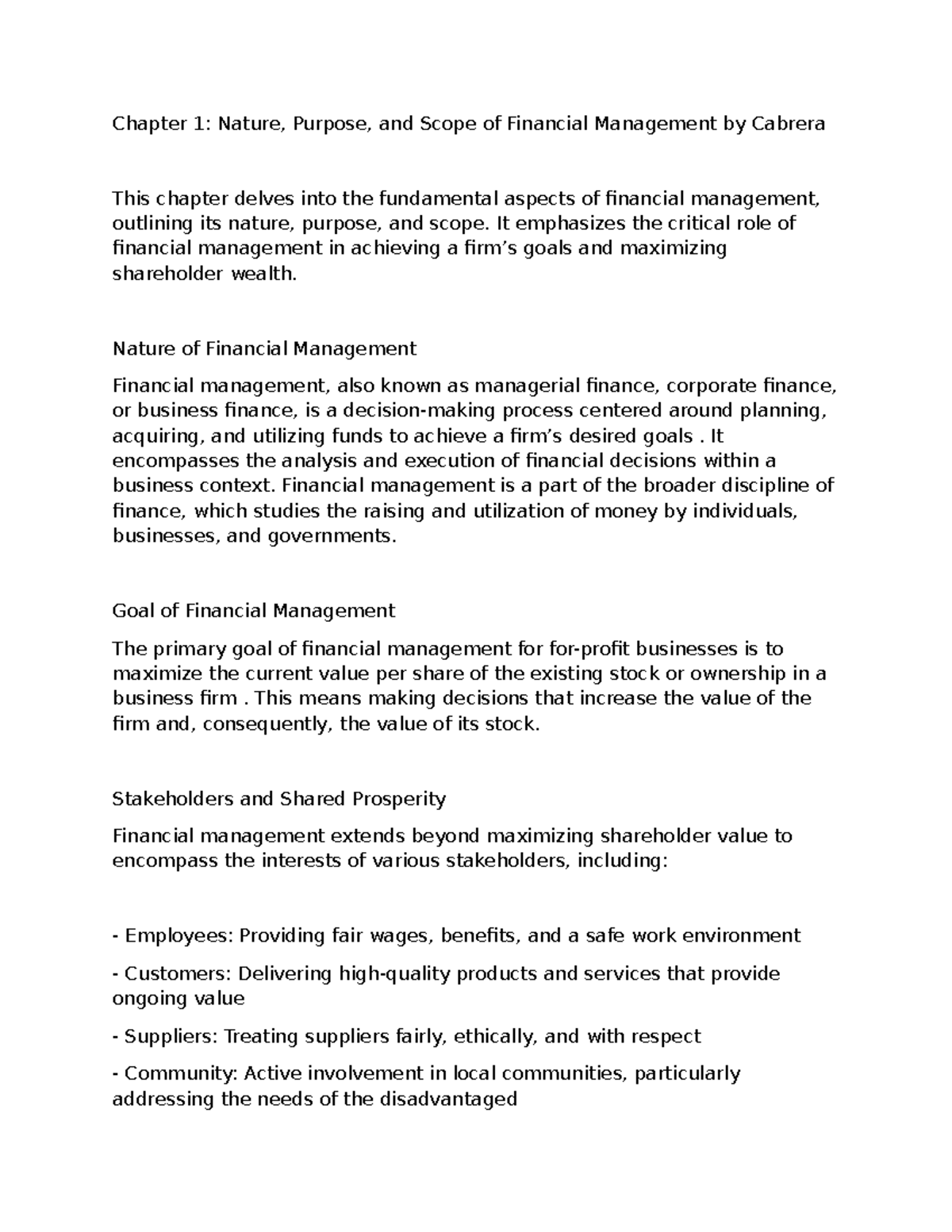 Fin Man C1 - Overview of Financial Management Principles and Goals ...