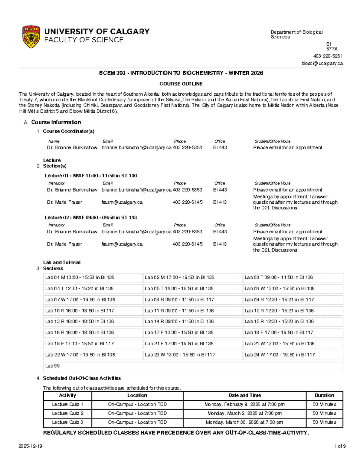 BCEM 393 Winter 2026: Intro to Biochemistry Course Outline - Studocu