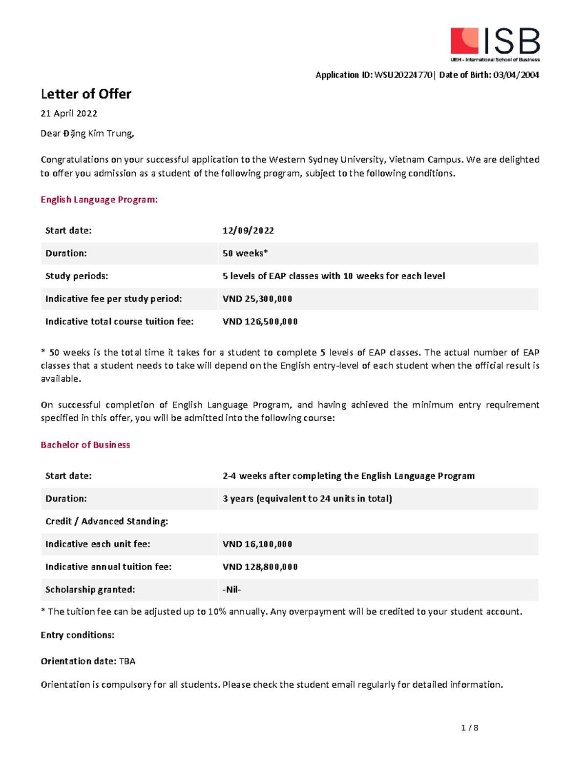 WSU20224770 Offer Letter for English Language & Business Program 2022 ...