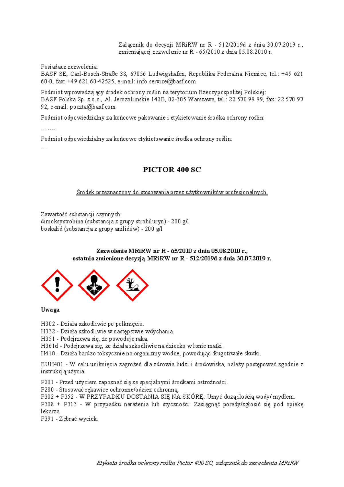 Etykieta środka ochrony roślin Pictor 400 SC - MRiRW 30-07-2019 - Studocu