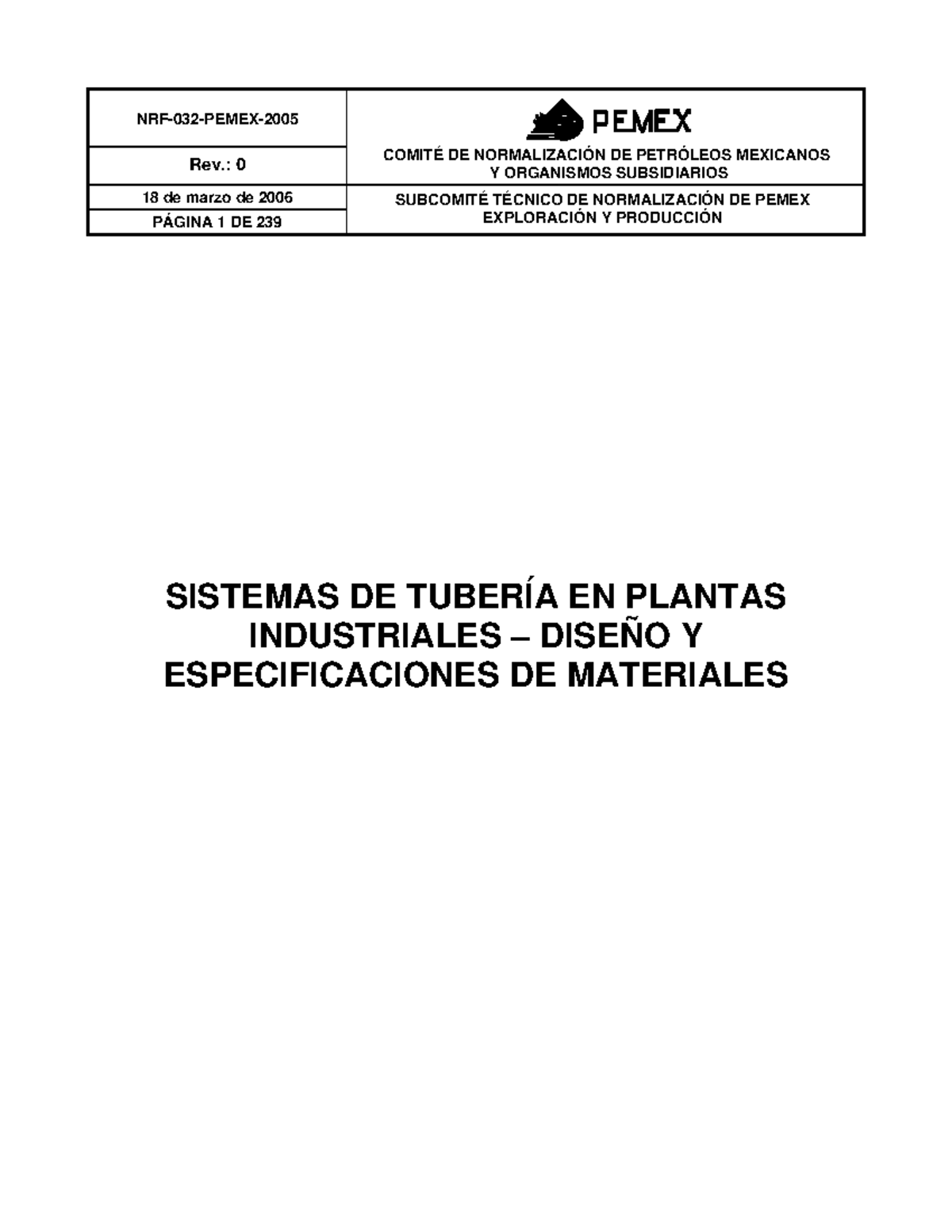 NRF-032 - Diseños y Especificaciones de Materiales para Tuberías  - Document Preview