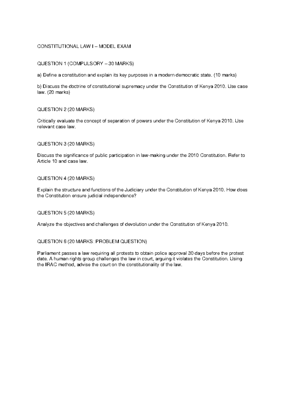 Constitutional Law I Model Exam Questions & Analysis (30 Marks) - Studocu