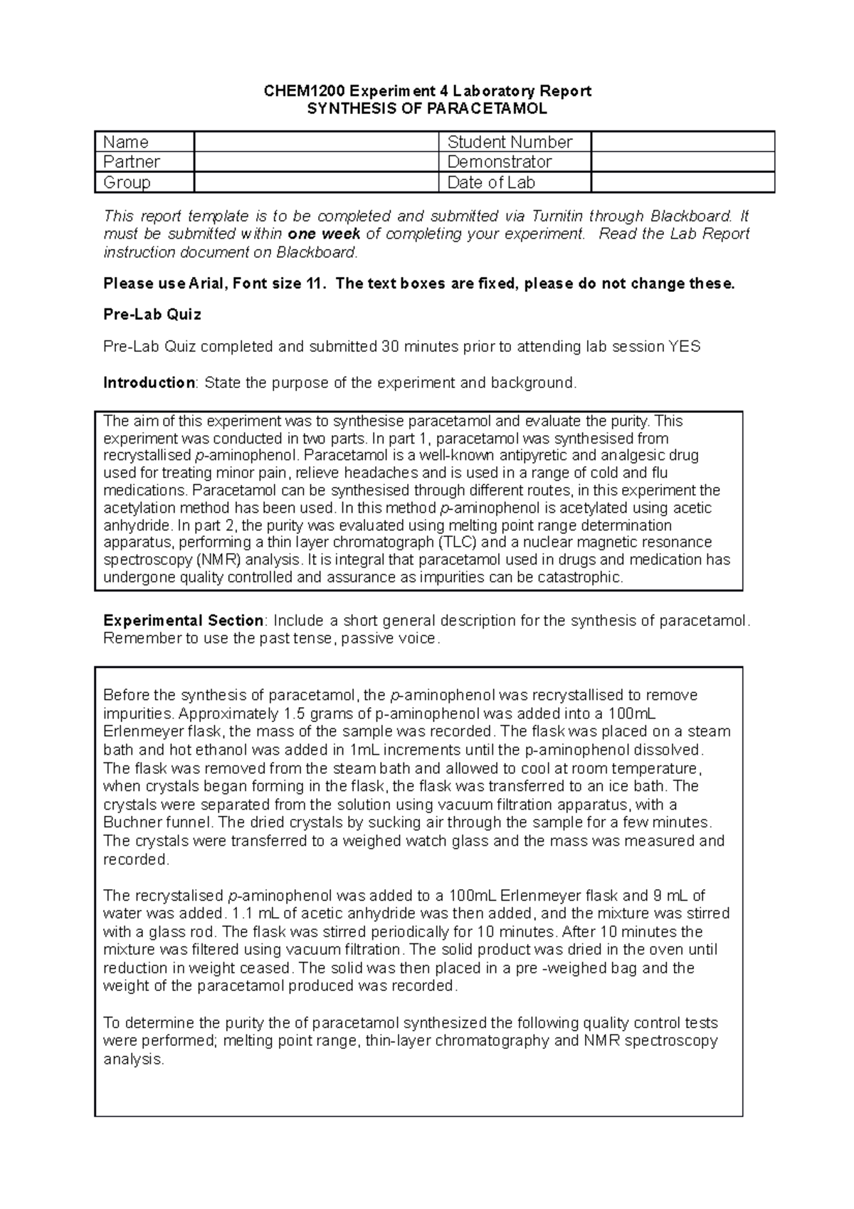 CHEM1200 Experiment 4: Synthesis and Purity Analysis of Paracetamol ...