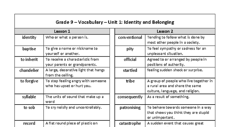 English - Grade 9 - Unit 1 Vocabulary: Identity & Belonging Lessons ...