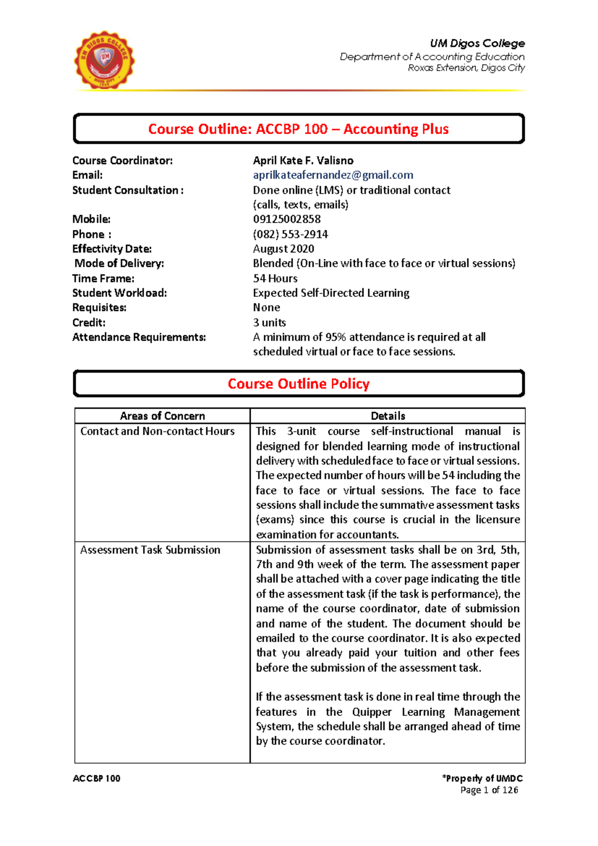 ACCBP 100: Accounting Plus Course Outline for First-Year BSA Students ...