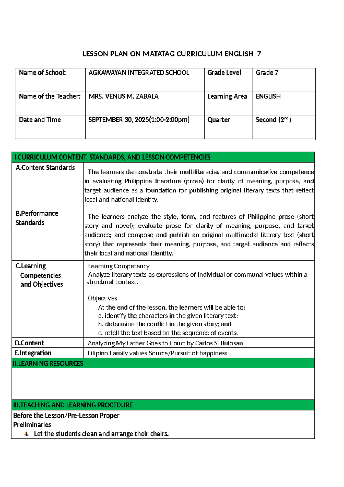 LESSON PLAN: MATATAG CURRICULUM ENGLISH 7 - AGKAWAYAN INTEGRATED SCHOOL ...