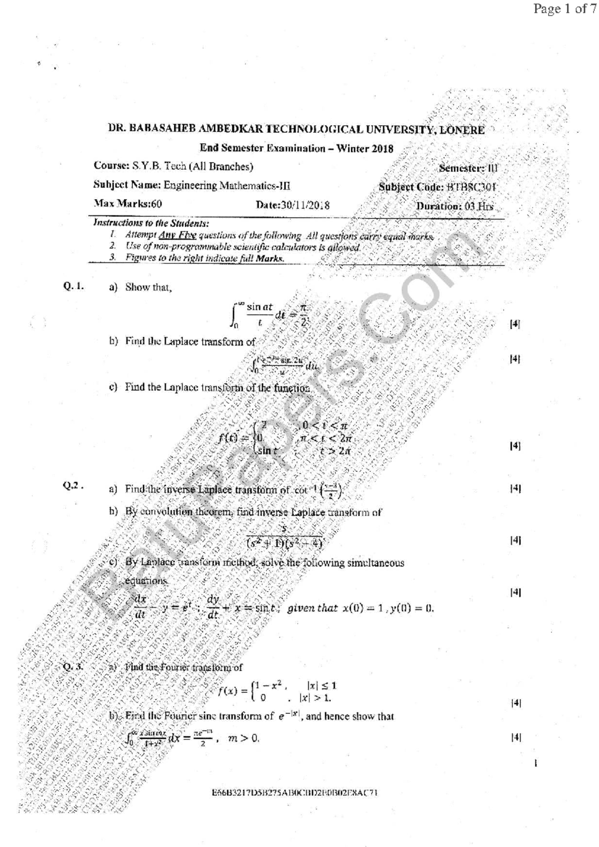 BTBSC301 Engineering Mathematics End Semester Exam QP (2018-2023) - Studocu
