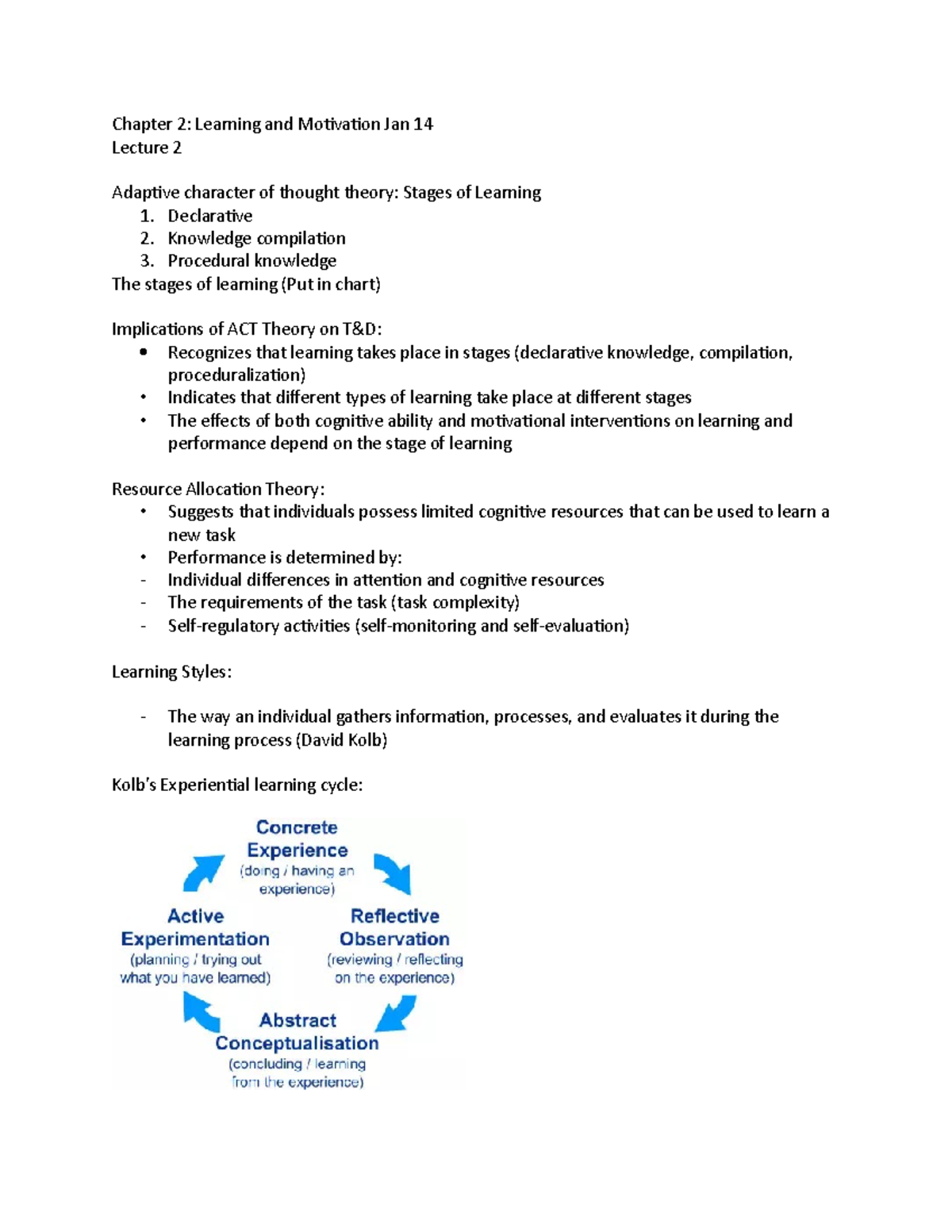Lecture 2 & 3 notes - Chapter 2: Learning and Motivation Jan 14 Lecture ...