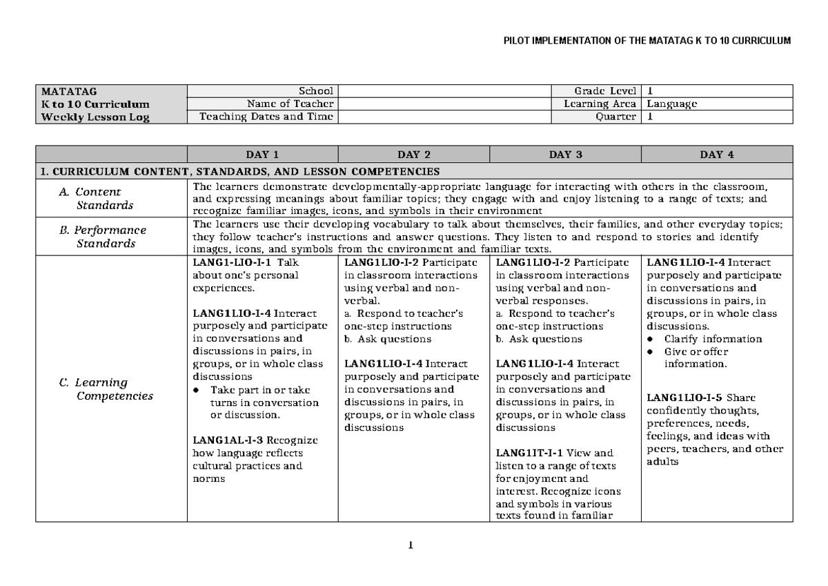 PILOT IMPLEMENTATION OF MATATAG K to 10 CURRICULUM: Language Q1 Week 2 ...