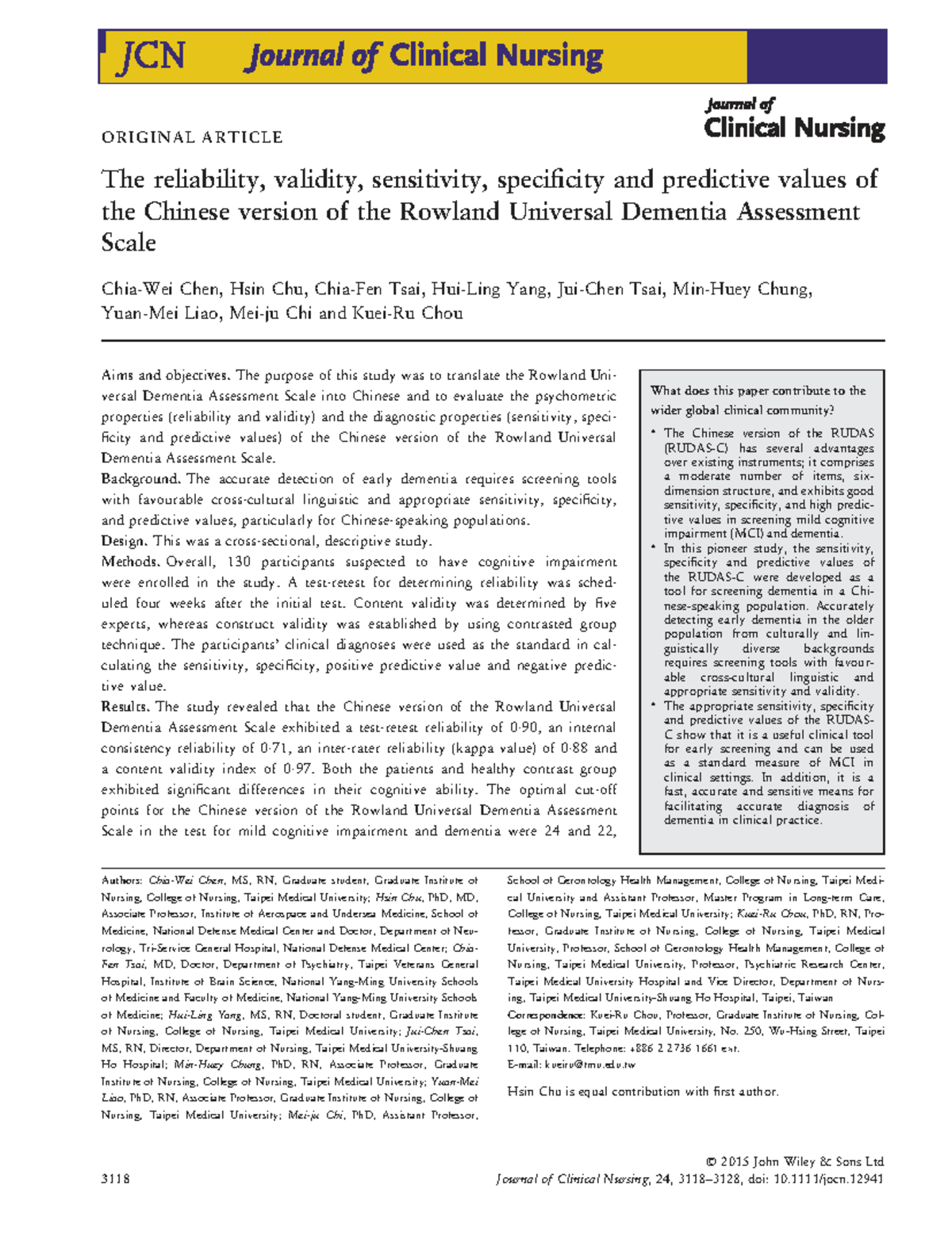 Psychometric Properties of the Chinese RUDAS: Reliability & Validity ...