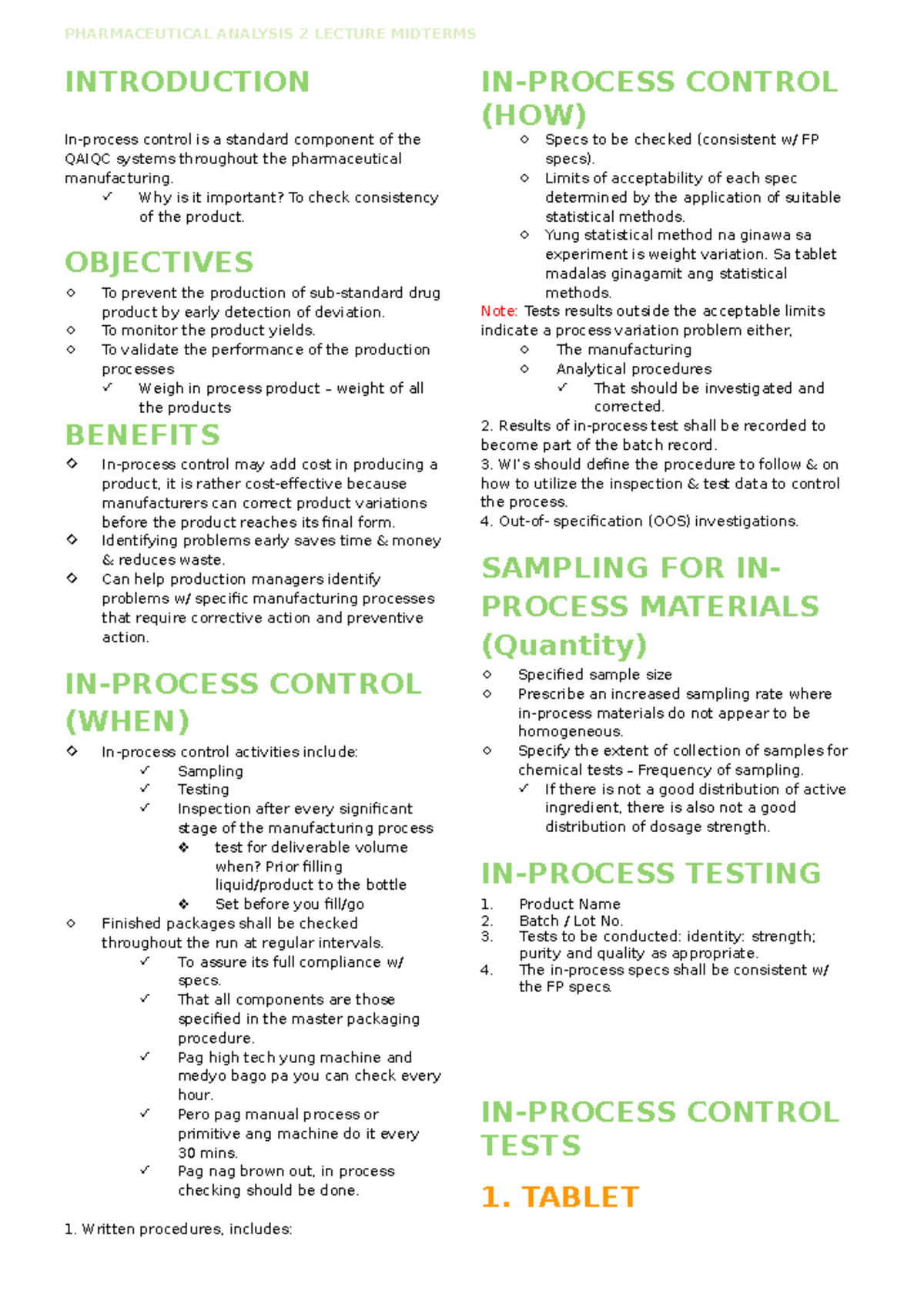 Analysis 2 Lecture notes - INTRODUCTION IN-PROCESS CONTROL (HOW) In ...
