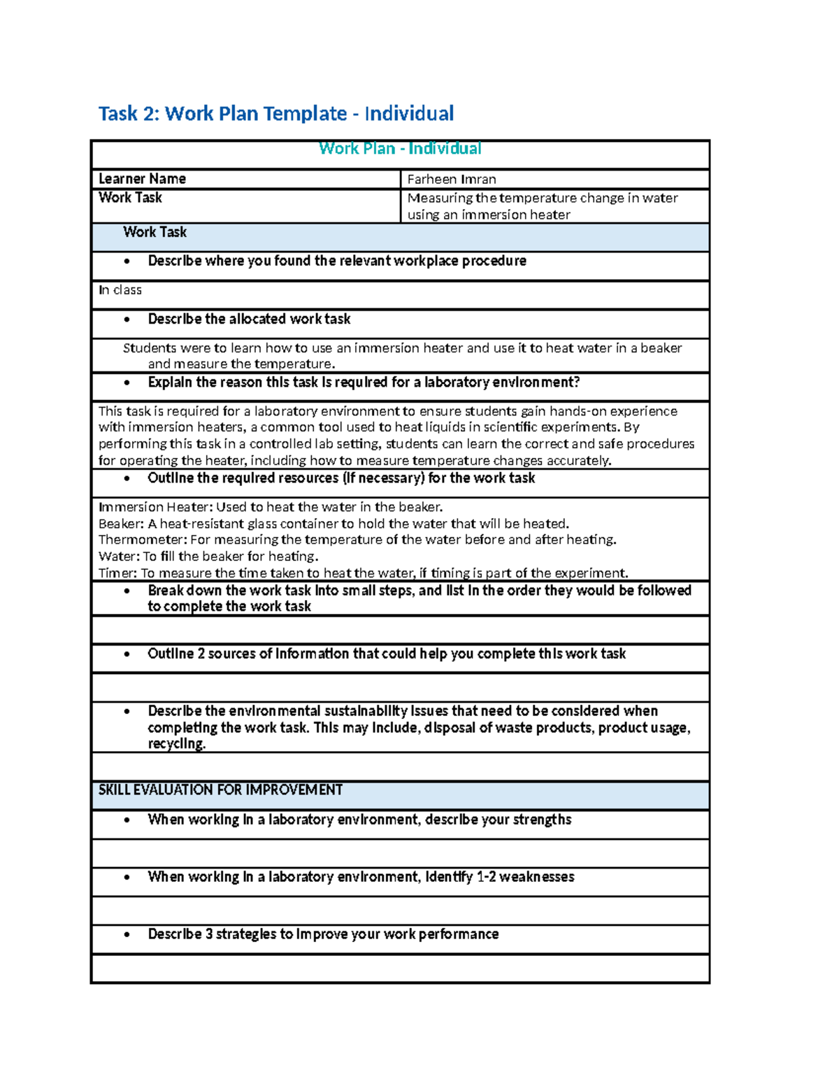 Msl913004: Work Plan Template for Immersion Heater Experiment - Studocu