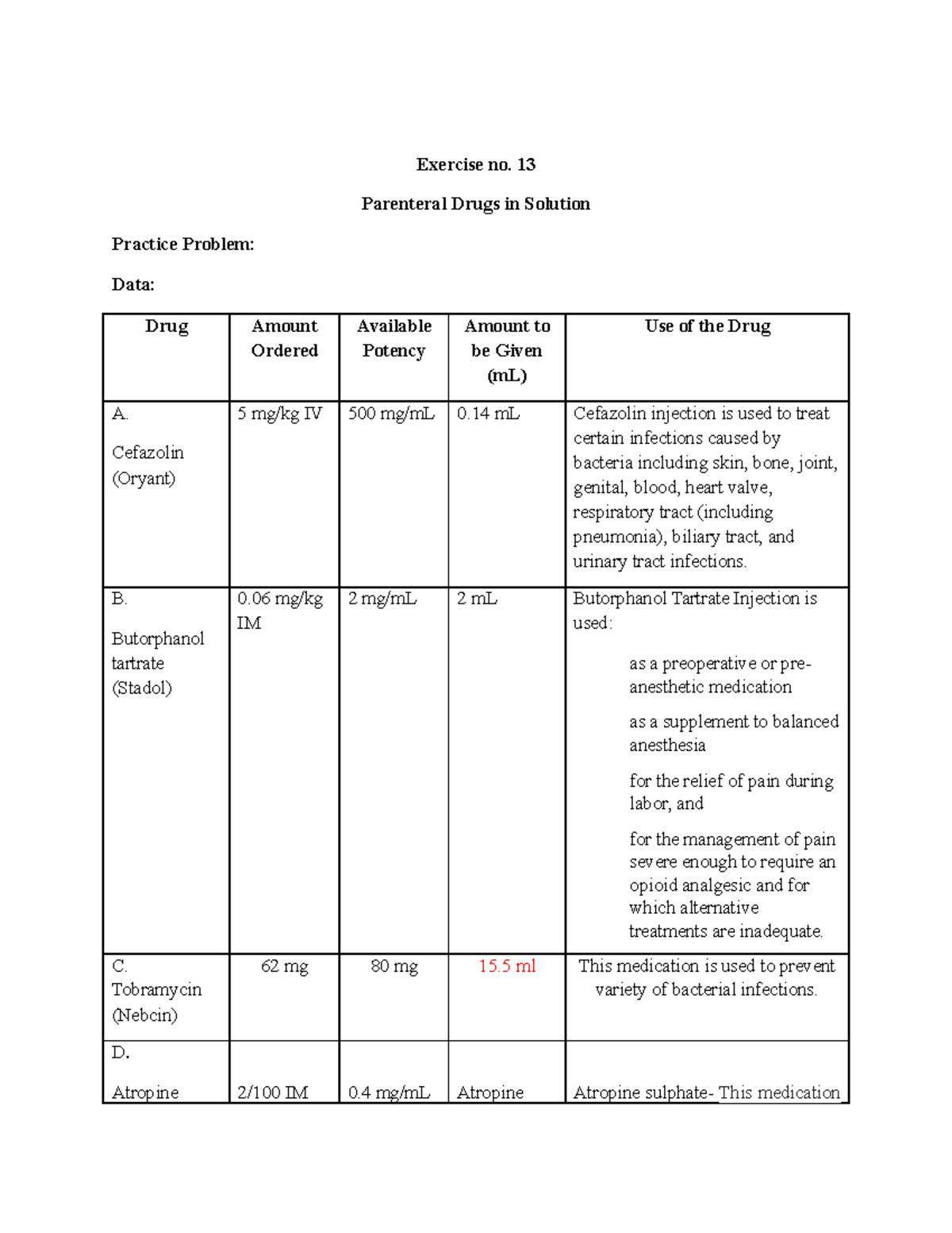 Hospital Pharmacy- Activity 2 - Exercise no. 13 Parenteral Drugs in ...