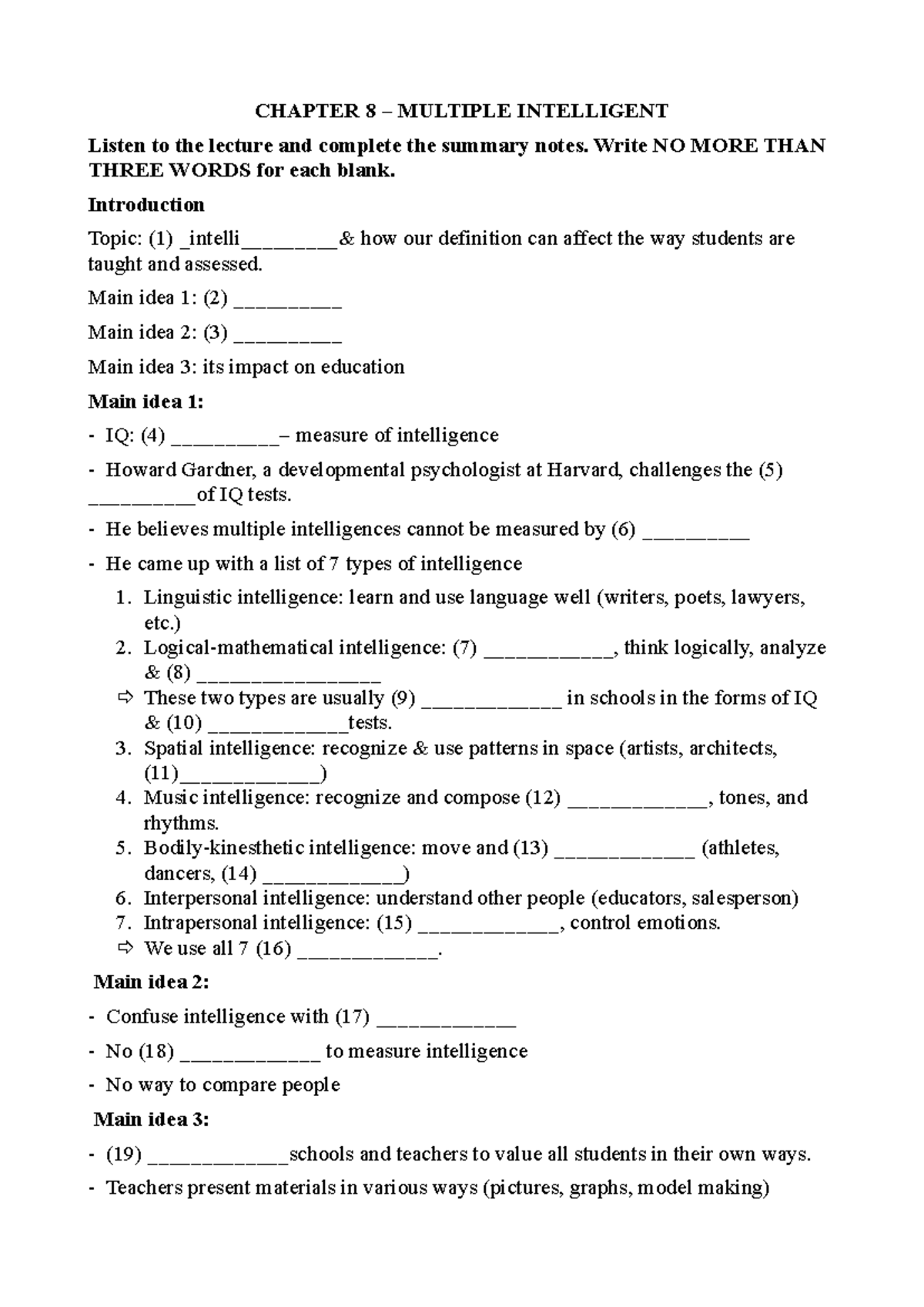 CHAPTER 8: MULTIPLE INTELLIGENCES SUMMARY NOTES - Studocu