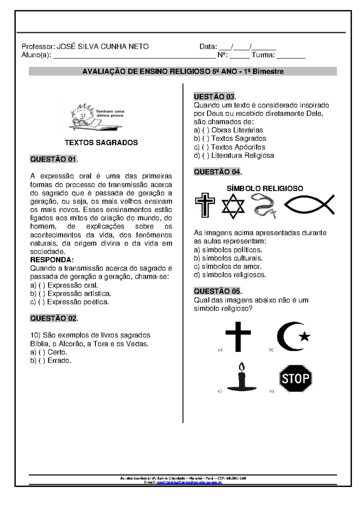 6º ANO - Prova de Ensino Religioso - 1º Bimestre - Textos Sagrados ...