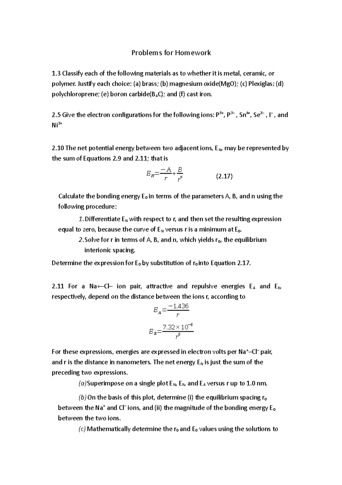 Homework Problems for CH 1-10 in Material Science Studies - Studocu