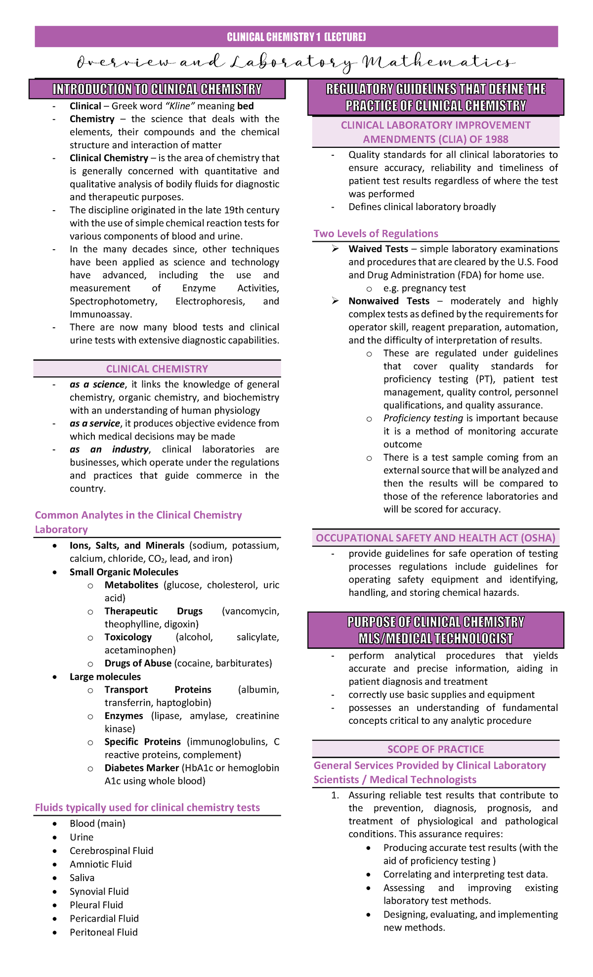 CLINICAL CHEMISTRY 1 (LECTURE) Overview & Lab Math Essentials - Studocu