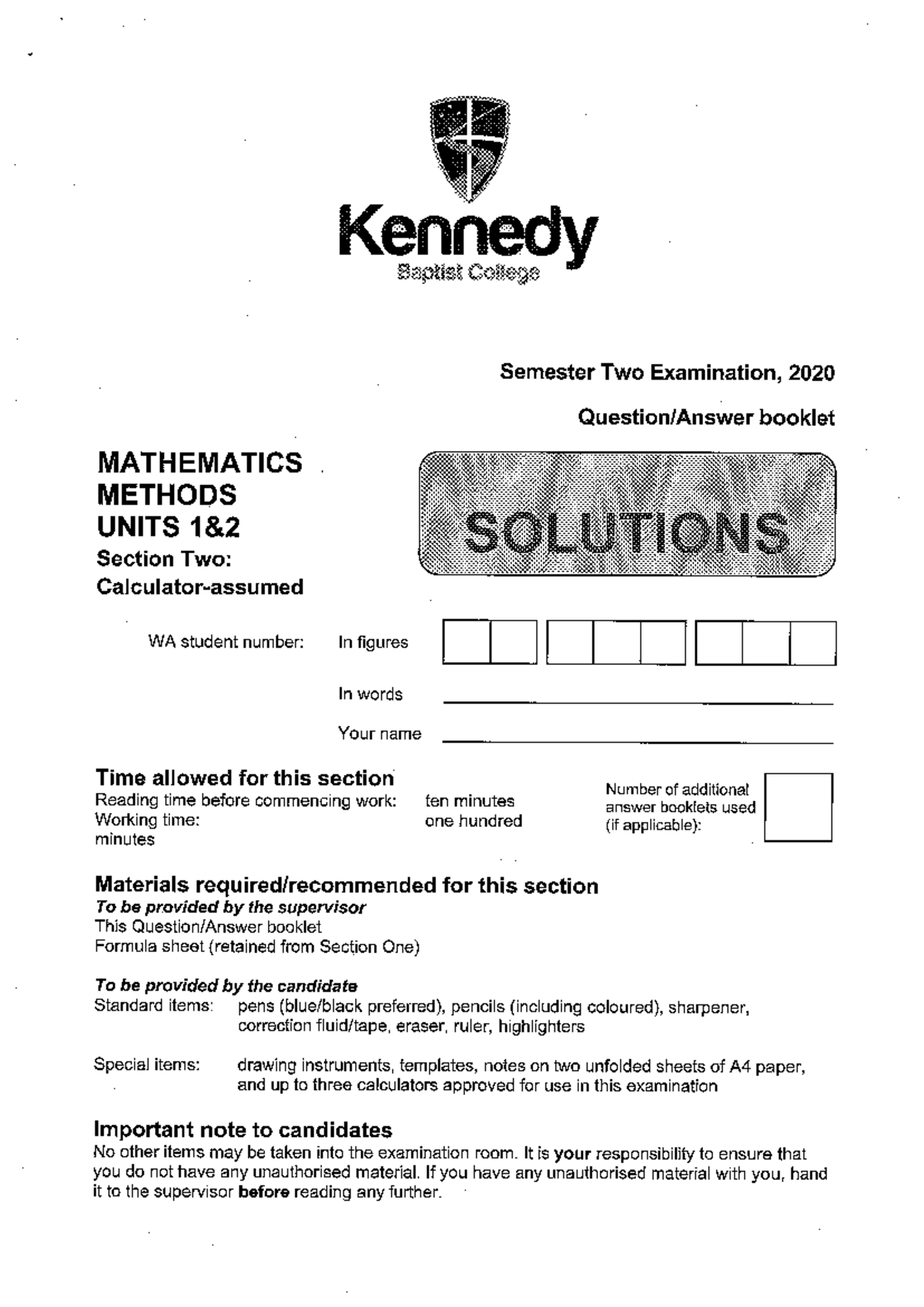 WAEP 2020 Sem2 Y11 MATH Methods Exam Solutions - Studocu