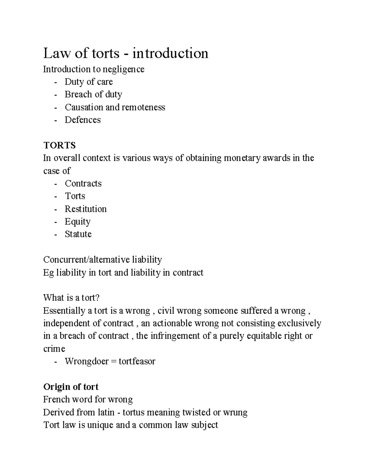 TORTS 101: Introduction to Negligence and Duty of Care Principles - Studocu