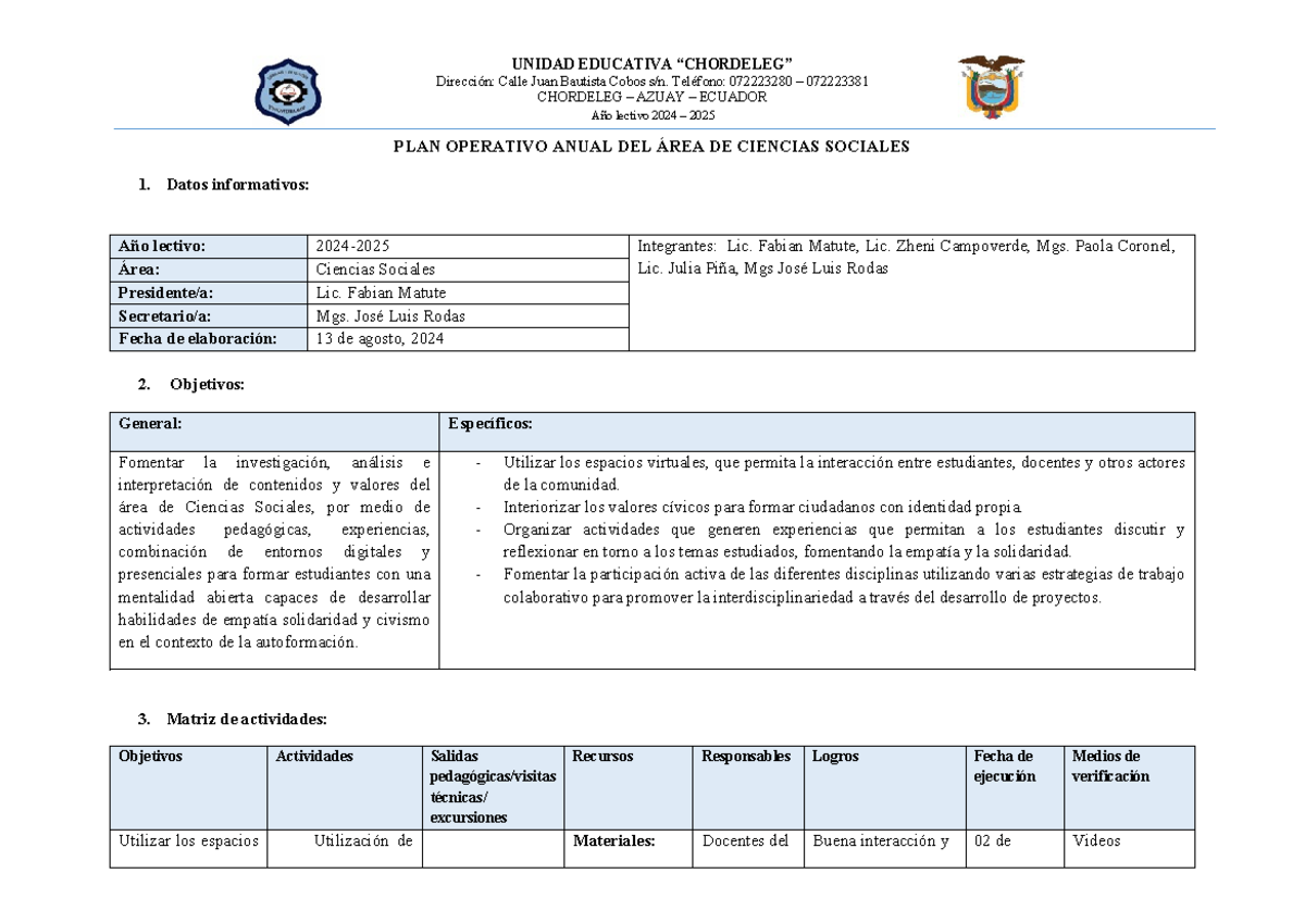 POA del Área Ciencias Sociales 2024-2025 en Chordeleg, Ecuador - Document Preview