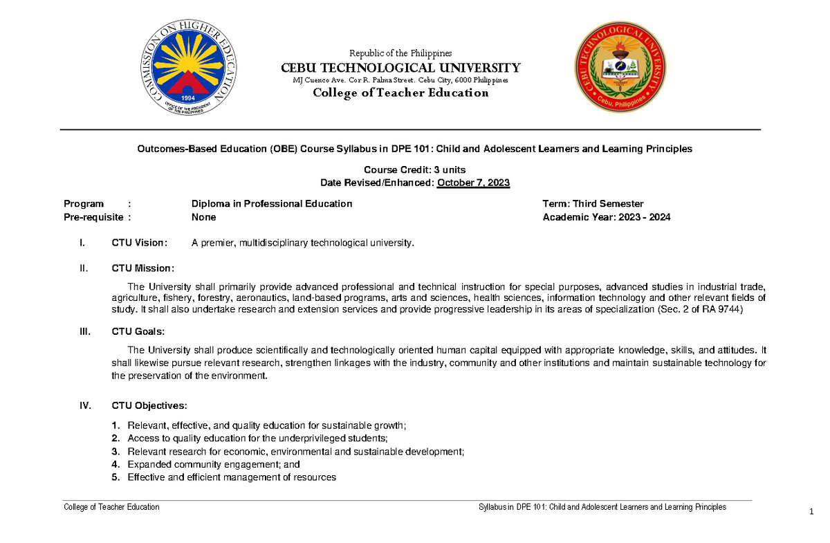 OBE Course Syllabus for DPE 101: Child and Adolescent Learning ...