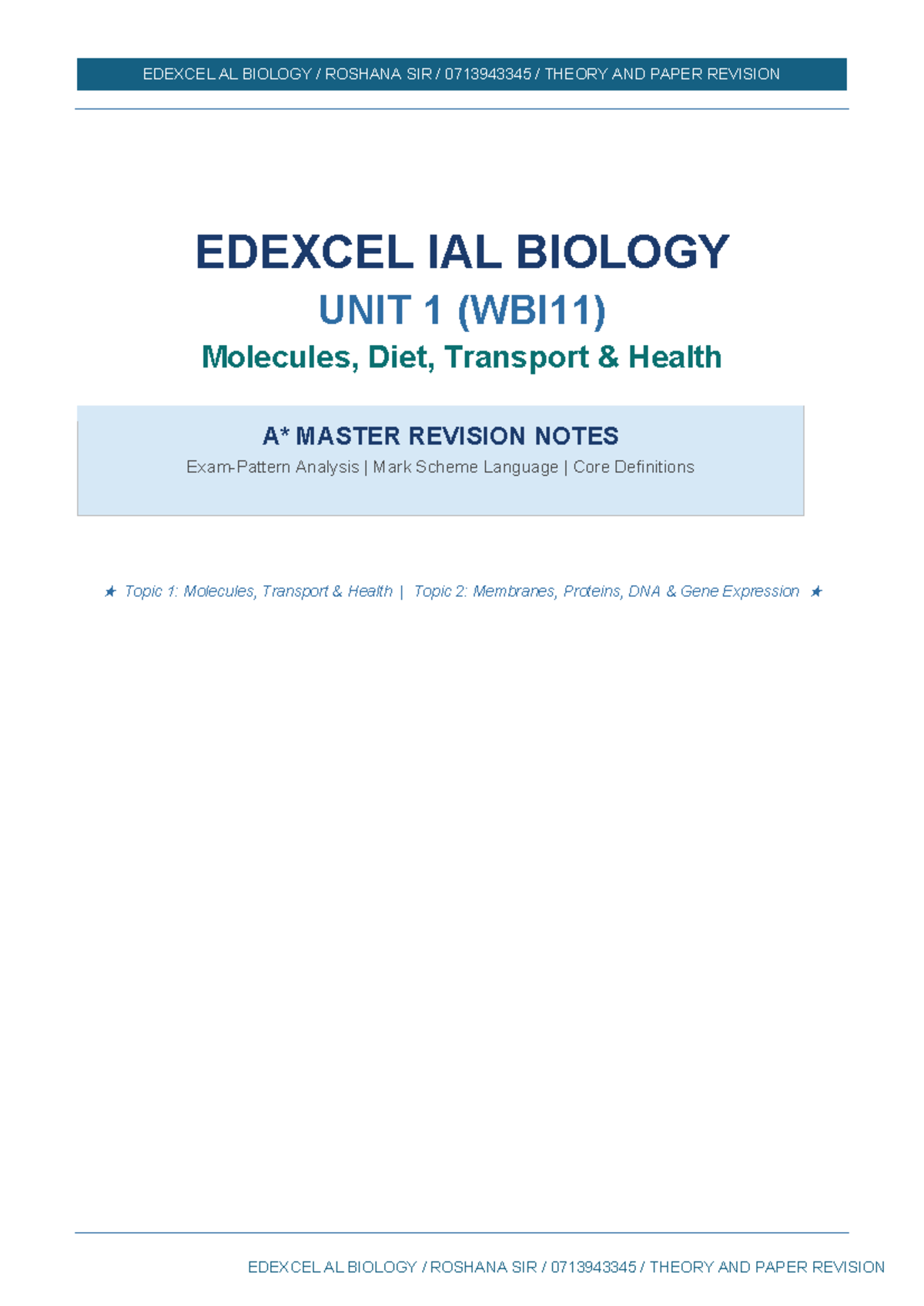 EDEXCEL AL Biology Unit 1 Revision Notes - Studocu