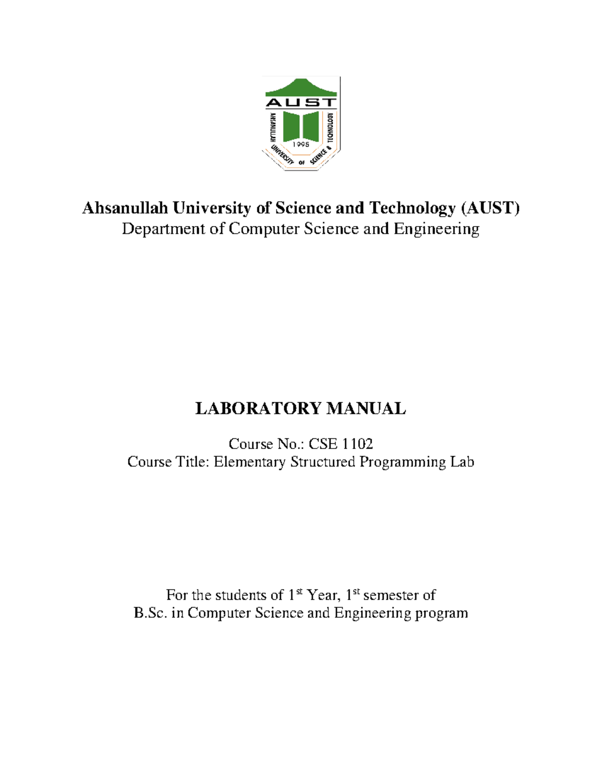 CSE1102-Lab Manual on Structured Programming at AUST - Studocu