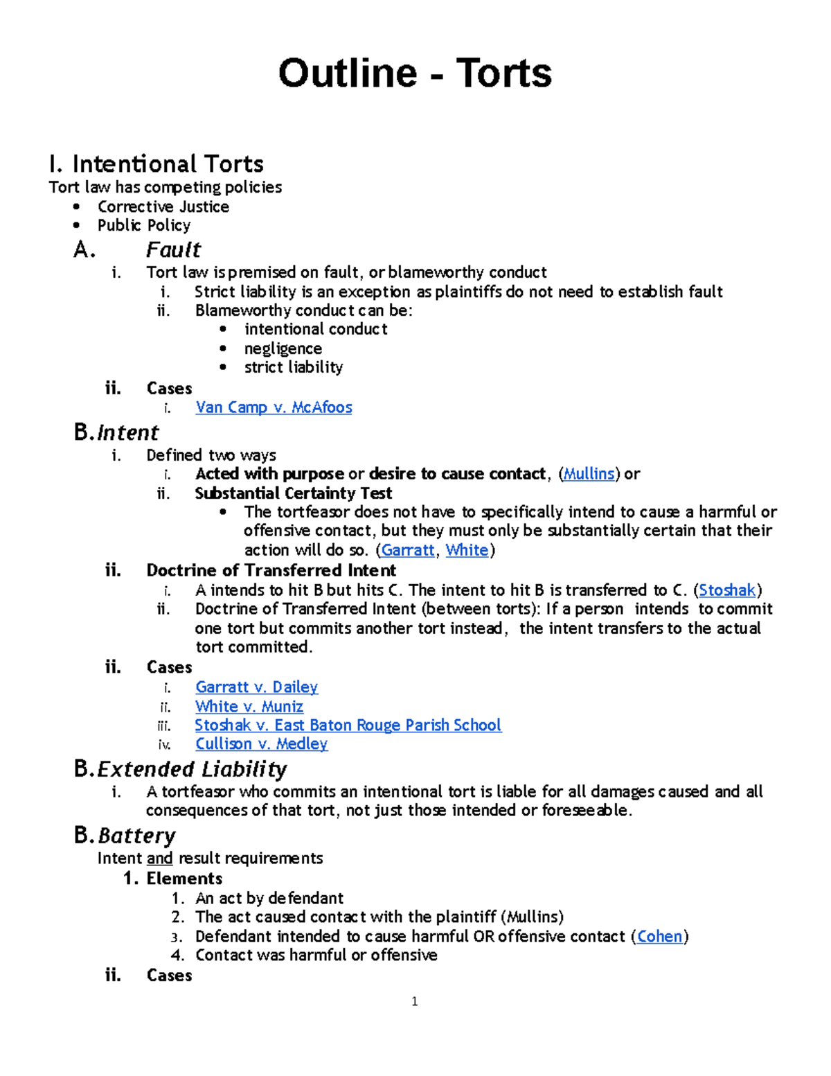 Torts Law Master Outline - Key Concepts and Case Summaries - Studocu