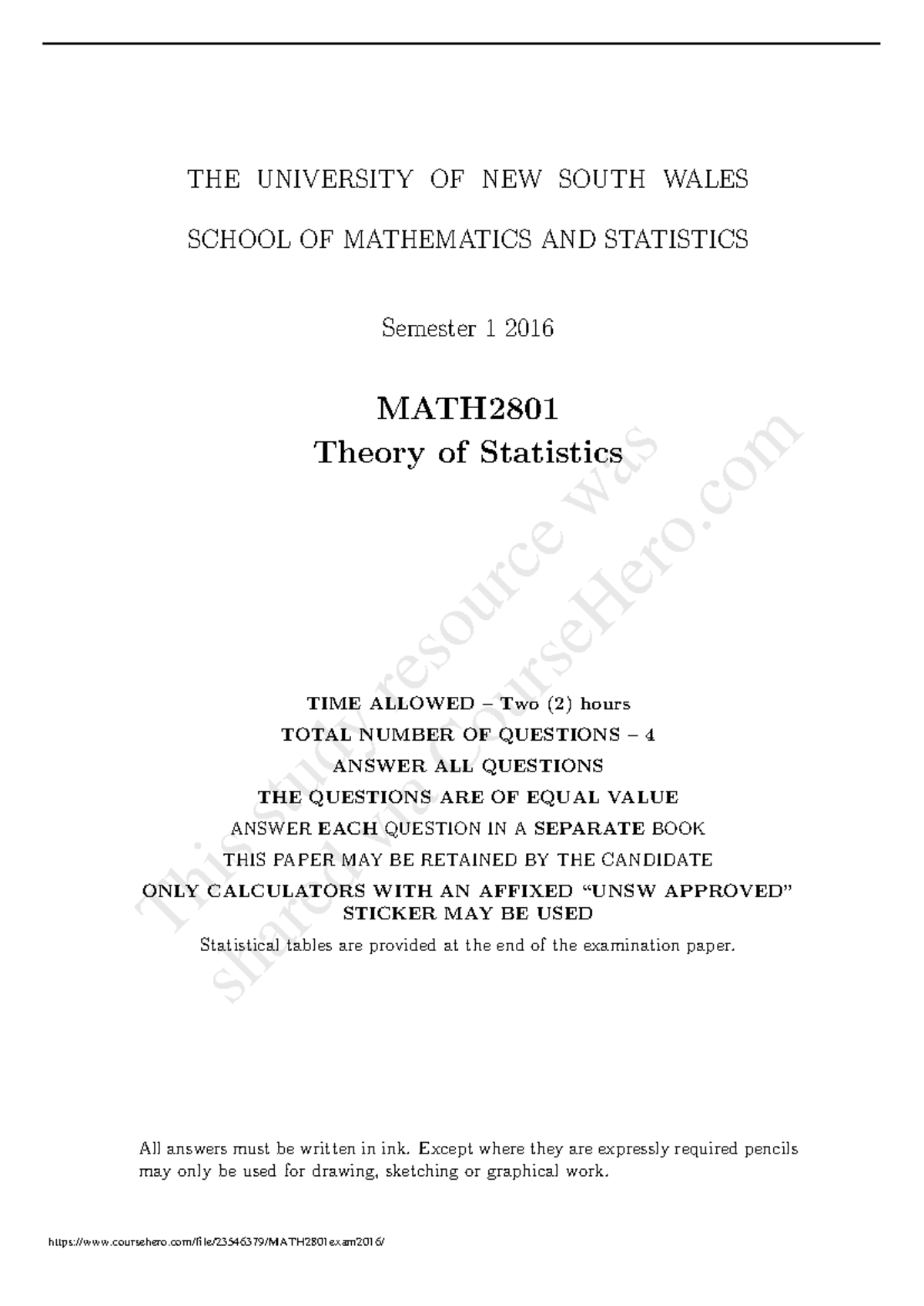 MATH2801 Final Exam 2016: Theory of Statistics Questions and Solutions ...