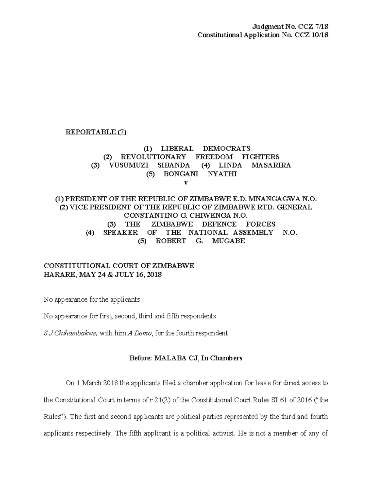 Constitutional Application CCZ 10: Liberal Democrats vs Mnangagwa Case ...