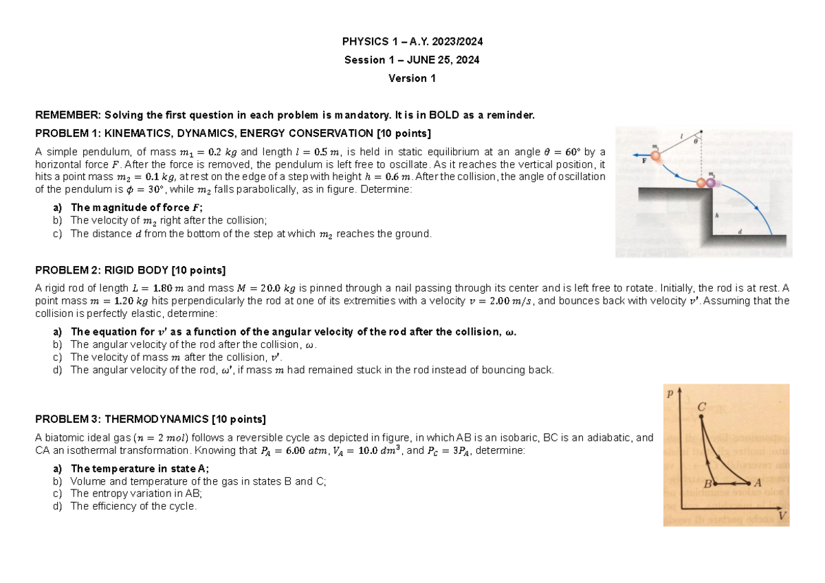 PHYSICS 1 A.Y. Session 1 JUNE 25, 2024 Exam Practice Problems - Studocu