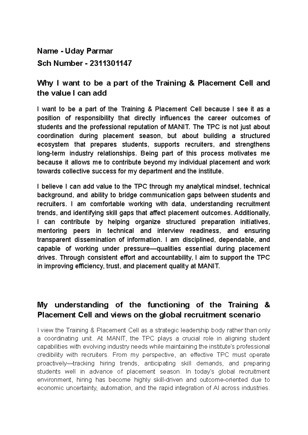 TPC Application Essay: My Vision for the Training Placement Cell - Studocu