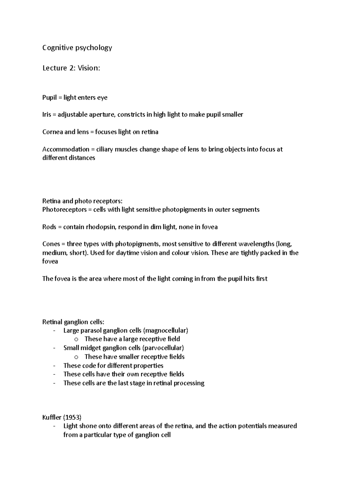 Vision - Lecture notes 3 - Cognitive psychology Lecture 2: Vision ...