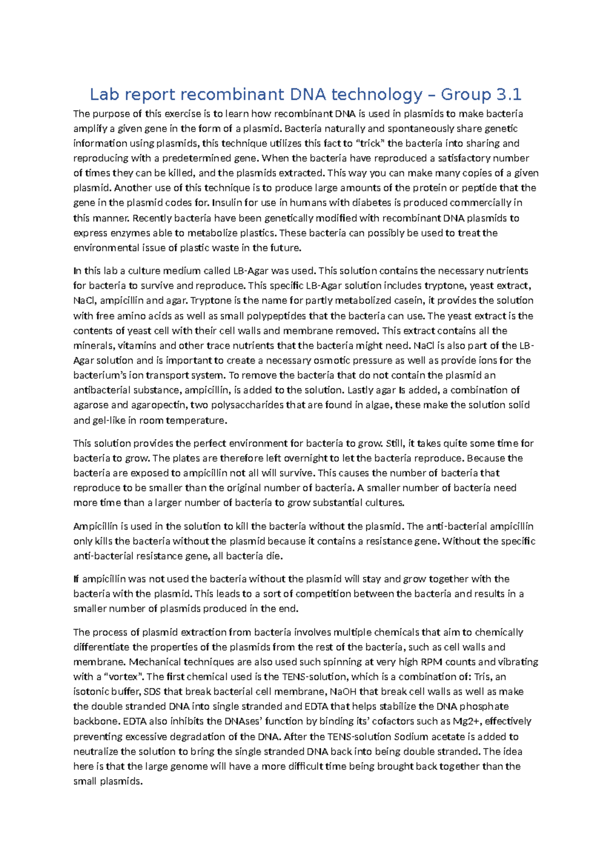 Lab Report: Recombinant DNA Technology - Group 3 Analysis - Studocu