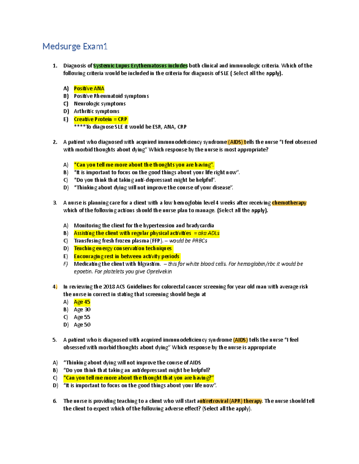 Medsurge 2 Exam 1: Key Concepts in SLE and AIDS Management - Studocu