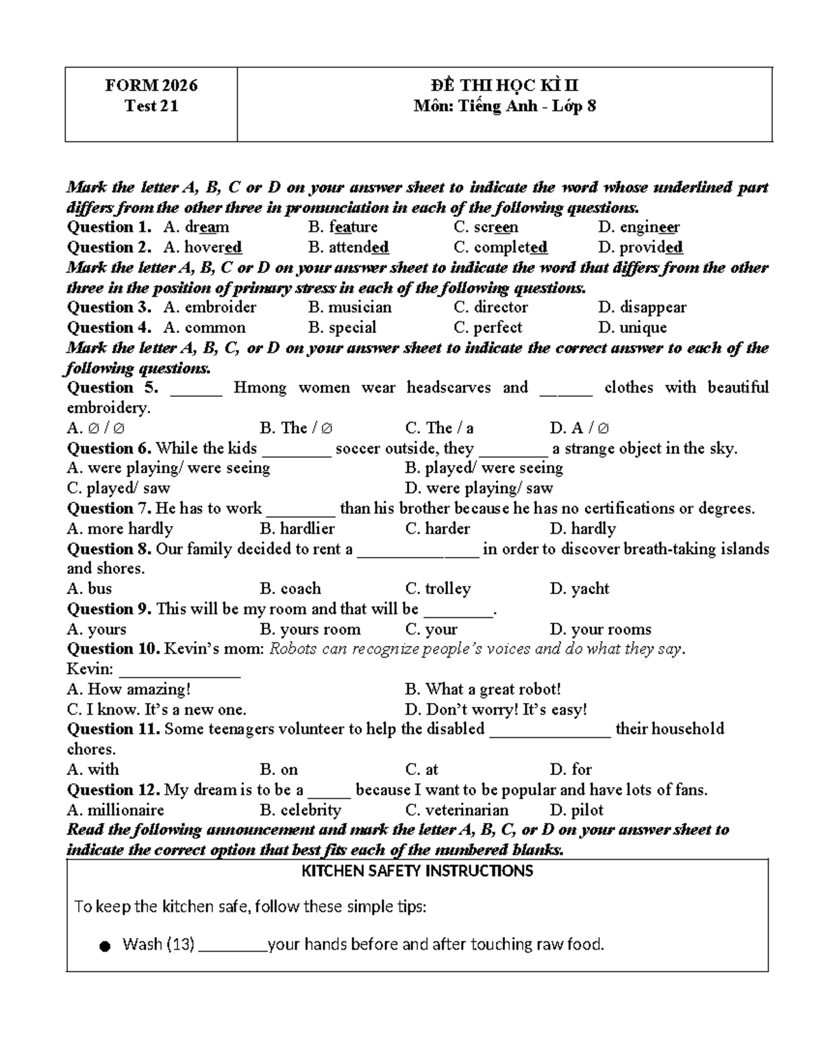 L8 FORM 2026 HK2 Test 21 - Tiếng Anh Lớp 8 Exam Questions - Studocu