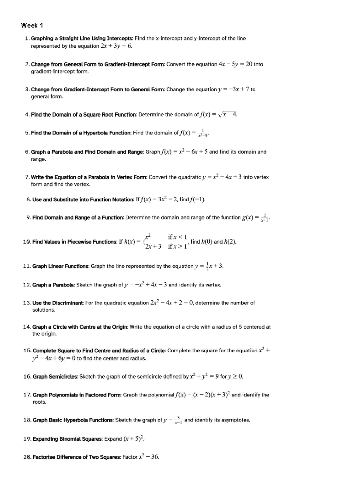 11T2 Week 1: Graphing Lines, Functions, and Parabolas - Studocu