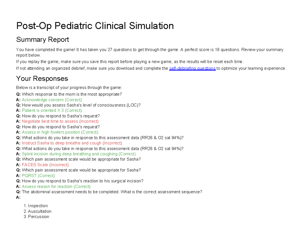 Pediatric Clinical Simulation Summary Report: Game Results Analysis ...