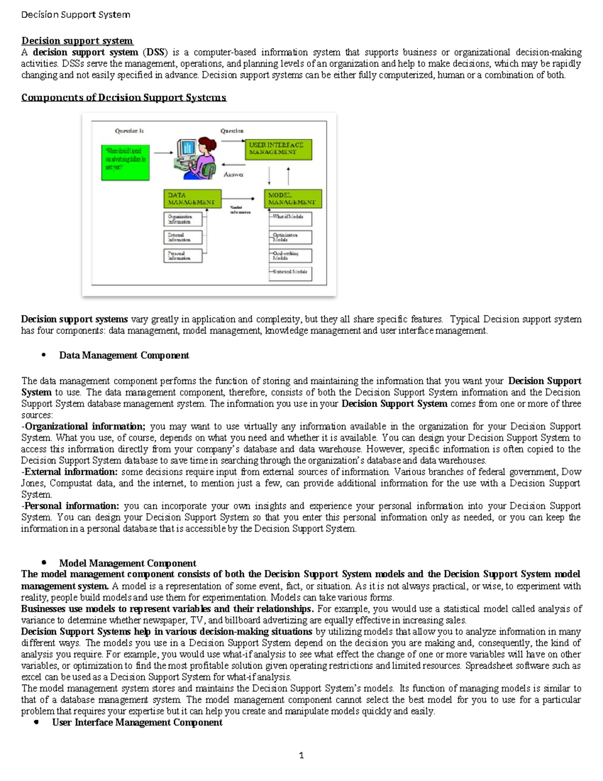 Unit 5: Decision Support Systems (DSS) Overview and Components - Studocu