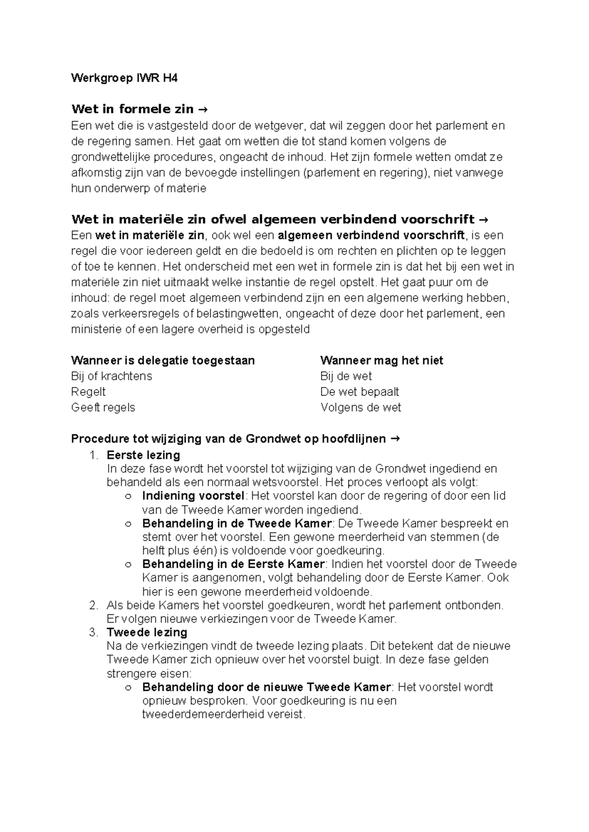 Werkgroep H4 IRW: Formele en Materiële Wetgeving in Nederland - Studeersnel