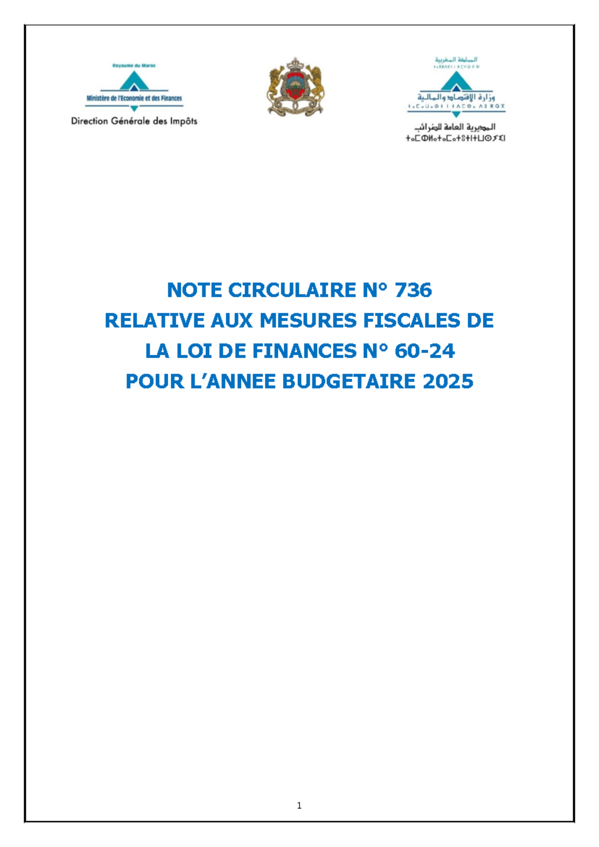 Mesure fiscale de la loi de finance - NOTE CIRCULAIRE N° 736 RELATIVE ...