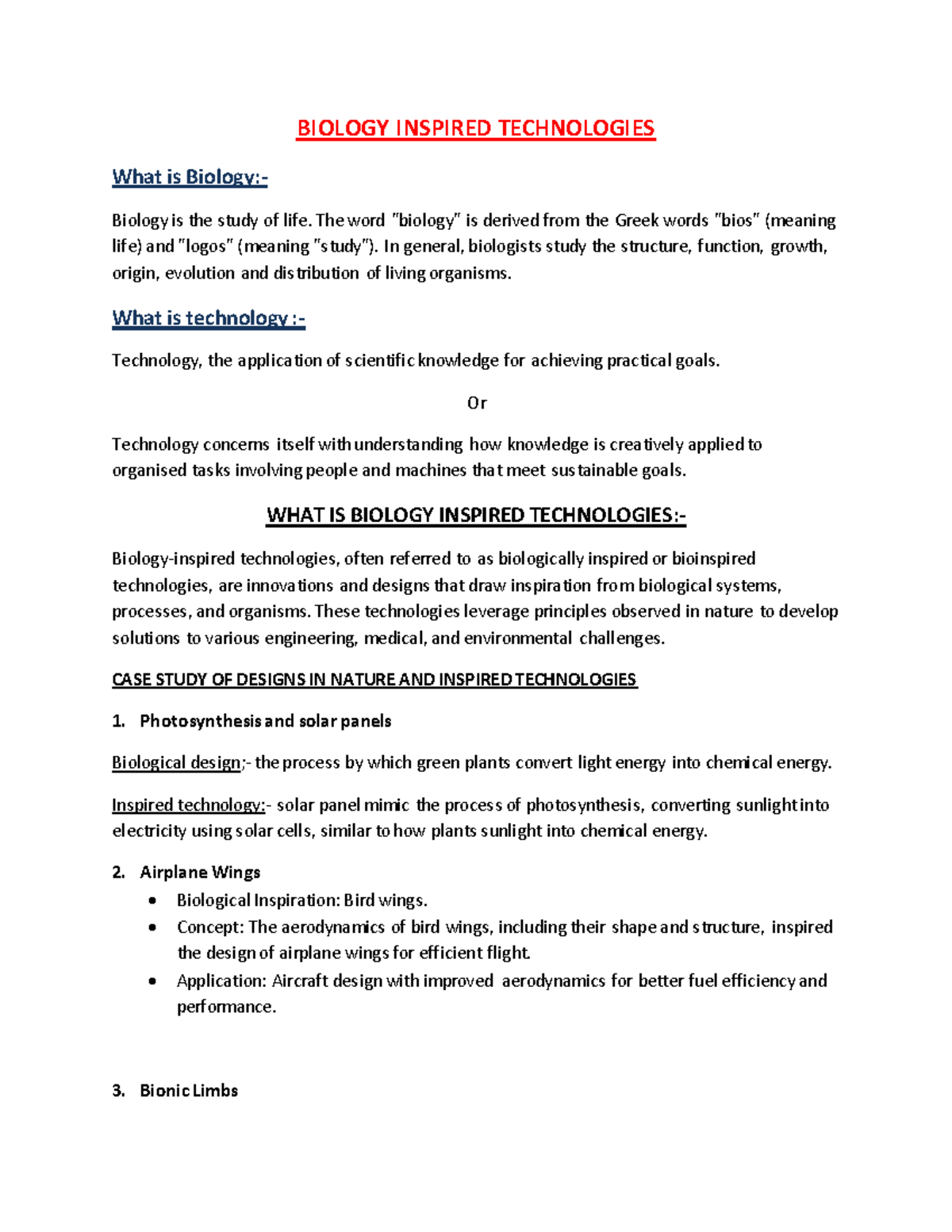 BIO 101: Case Study on Biology Inspired Technologies - Studocu