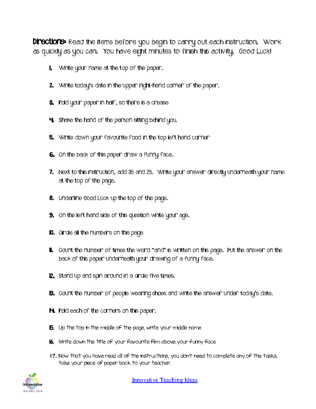 Innovative Teaching Ideas: Free Following Instructions Task (Life ...
