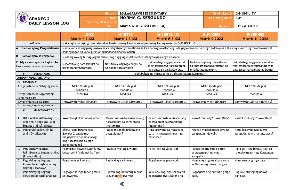 DLL GRADE 2 ALL SUBJECTS - 3RD QUARTER WEEK 4 DAILY LESSON LOG - Studocu