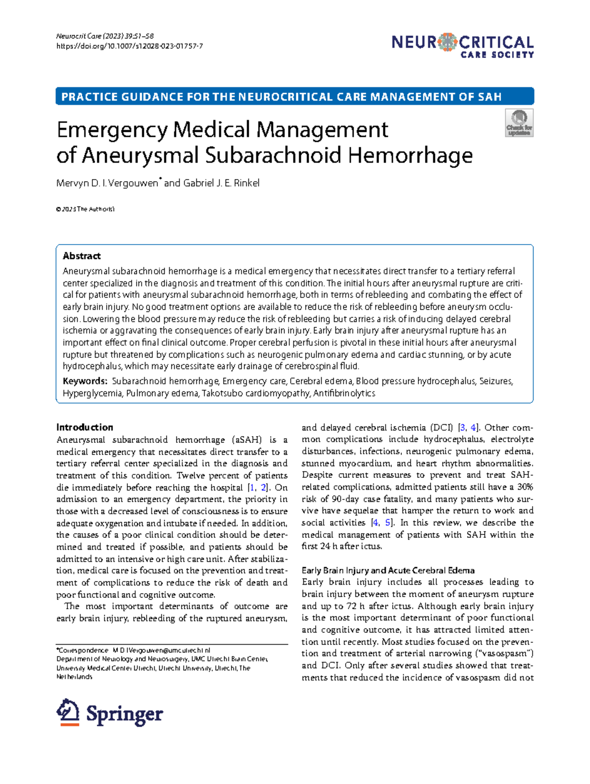 Emergency Medical Management of Aneurysmal Subarachnoid Hemorrhage ...