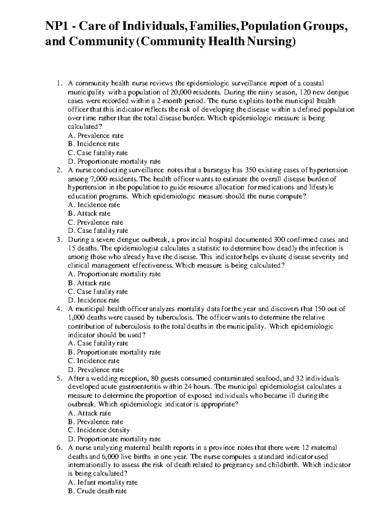 NP1 Community Health Nursing Mock Exam Review - Studocu