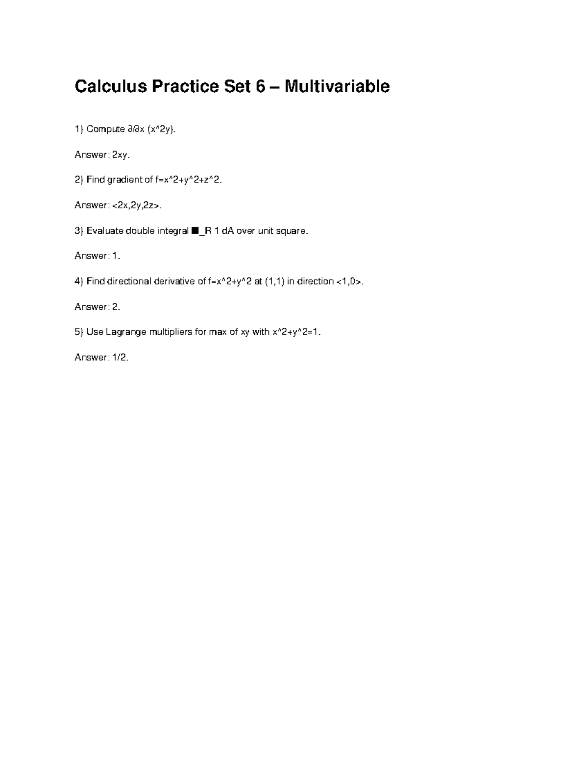 Calculus questions set 6 - MATH 1014 - Calculus Practice Set 6 ...